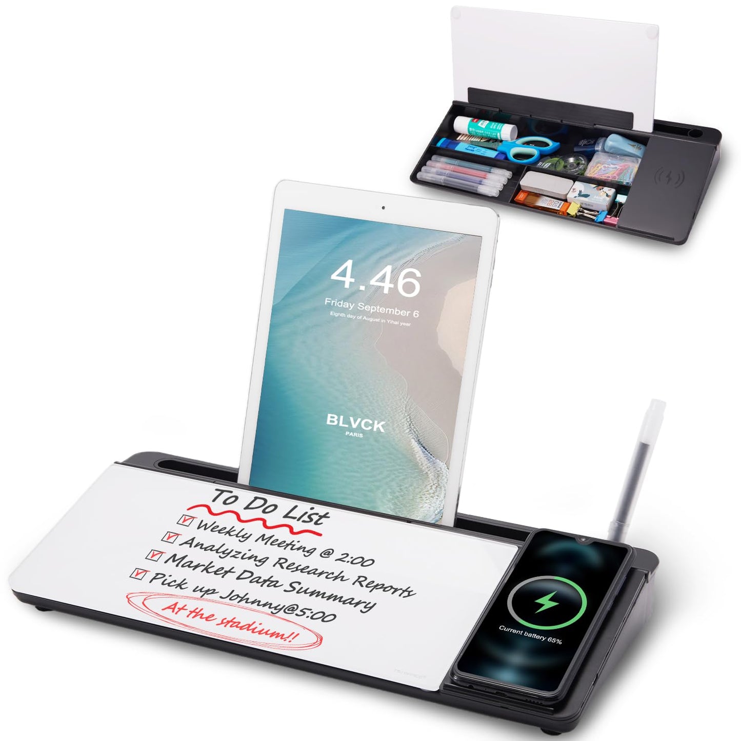 Small Desktop Whiteboard -Glass Dry Erase Board Computer Keyboard Stand White Board Surface Pad with Drawer, Desk Organizers with Accessories for Office, Home, School Supplies - White