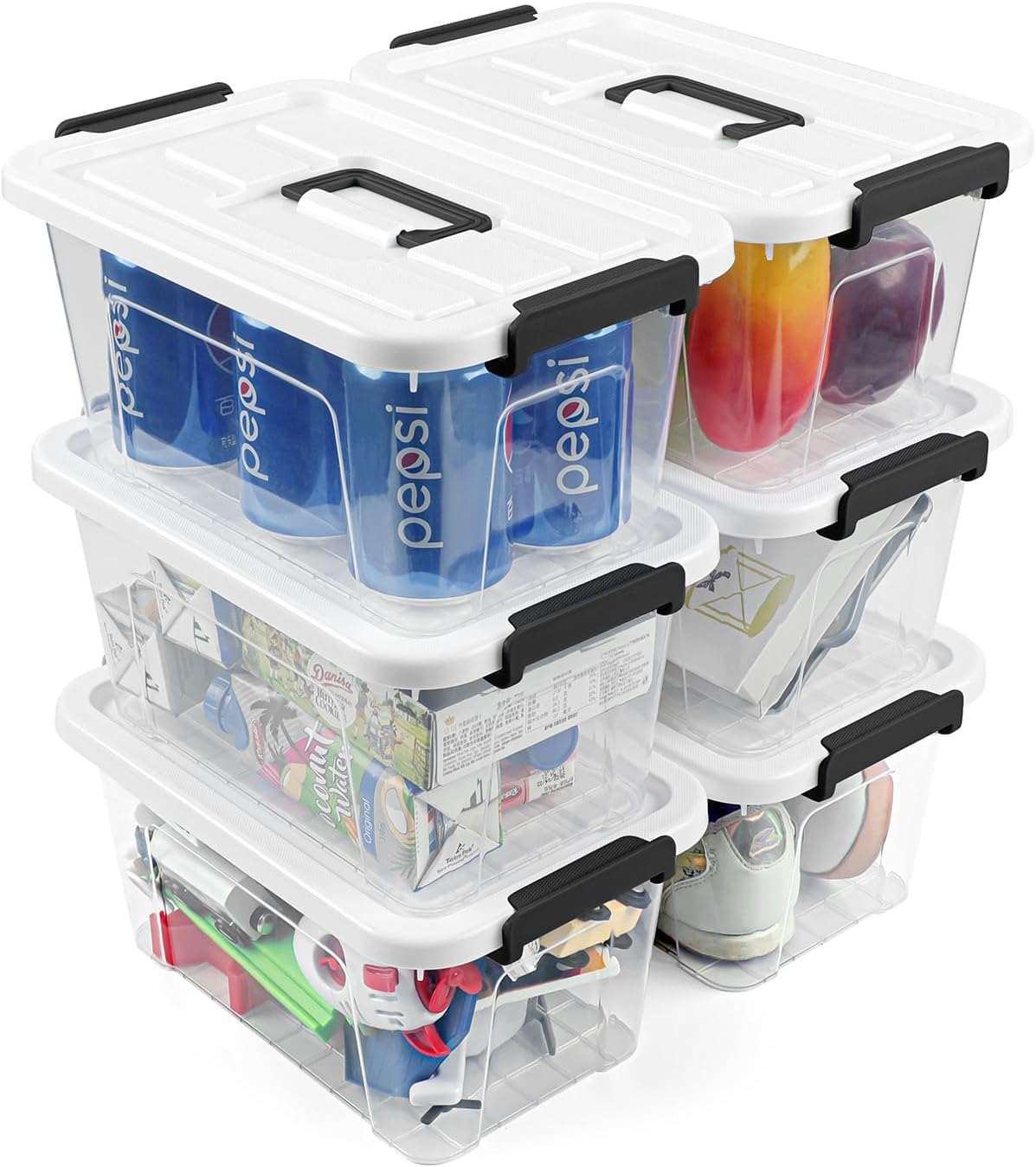 NUMIFUN 7Qt Clear Plastic Storage Bins with Lids,Transparent Design,6 Pack | Stackable organizing totes with buckle latches & handles.Dust-proof clear design for home,office & pantry space saving