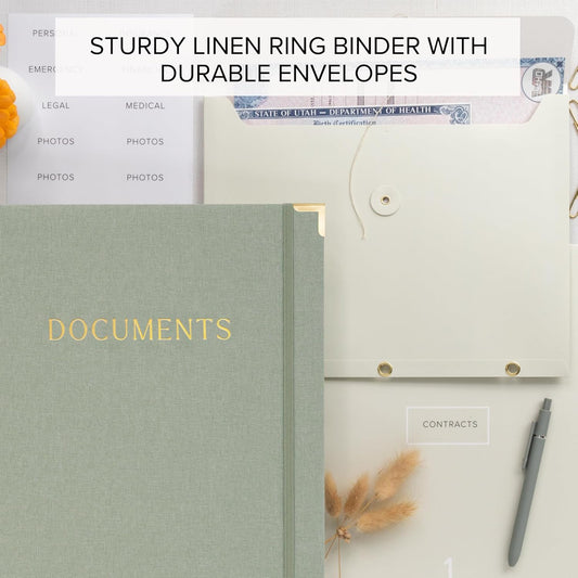 Important Document Organizer Set with Folders - Complete Linen Ring Binder Set Safely Stores All Documents & Files in One Place - Easy to Use Expanding Storage Incl. Envelopes, Pockets & Labels