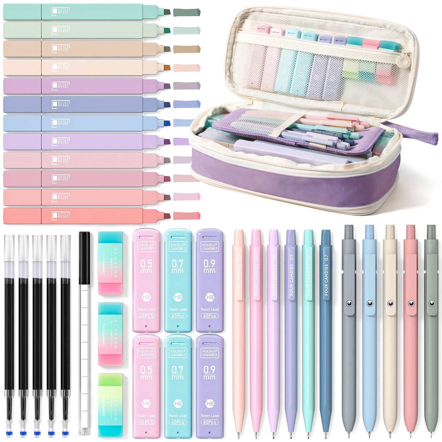 Four Candies School Supplies with Cute Pen Case, 39ct, Pink | Back to School Stationery Set, Essentials for College & Nursing Students, 5 Gel Pens, 6 Mechanical Pencils, 12 Highlighters