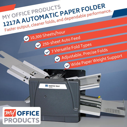 Martin Yale 1217A Automatic Paper Folder Machine, Medium Duty Auto Feed Document Folder for Offices, Schools, Mailrooms, and Churches, 7 Fold Types, 250 Sheet Capacity, Up to 10,300 Sheets per Hour