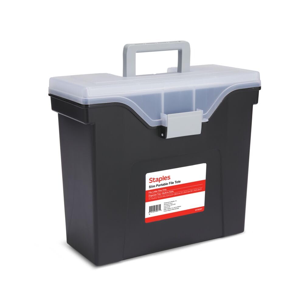 STAPLES Plastic File Box with Snap Lid, Letter/Legal Size, Clear, 4/Carton | Stackable storage box keeps hanging files organized and protected. Pack of 4.