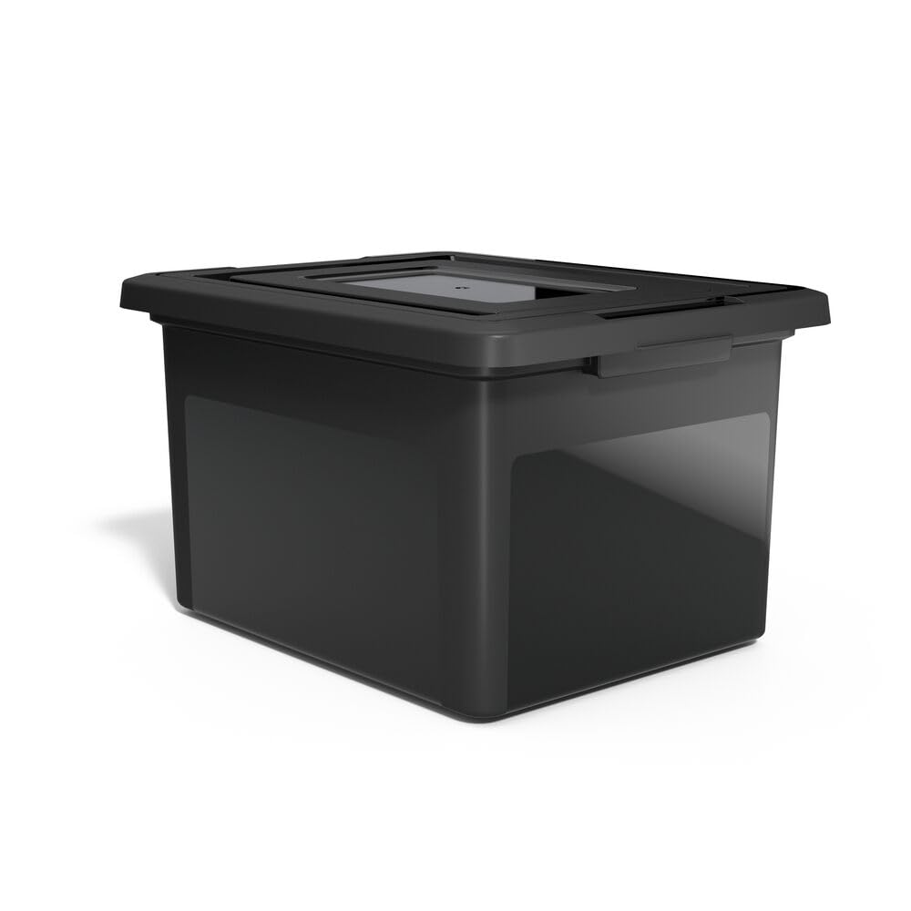 STAPLES Plastic File Box with Snap Lid, Letter/Legal Size, Clear, 4/Carton | Stackable storage box keeps hanging files organized and protected. Pack of 4.