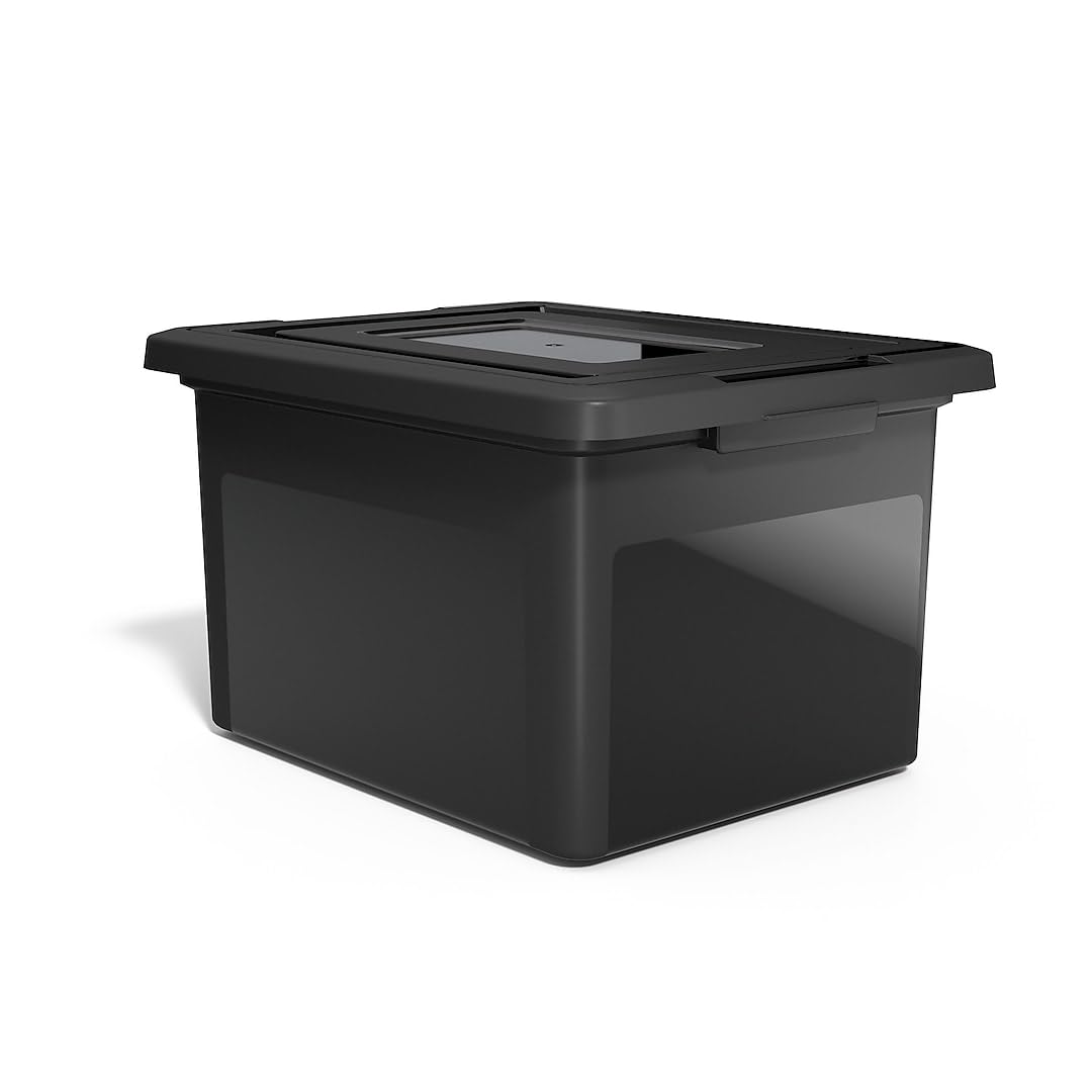 STAPLES Plastic File Box with Snap Lid, Letter/Legal Size, Clear, 4/Carton | Stackable storage box keeps hanging files organized and protected. Pack of 4.