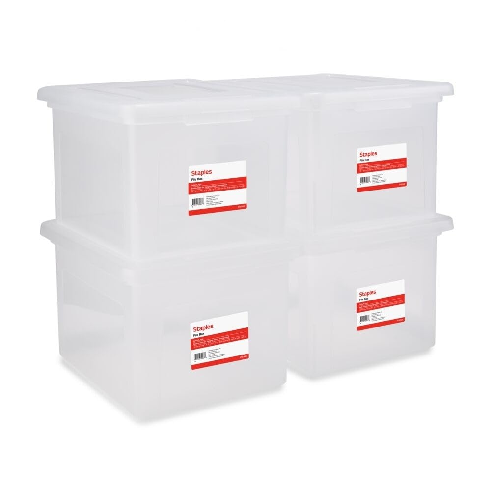 STAPLES Plastic File Box with Snap Lid, Letter/Legal Size, Clear, 4/Carton | Stackable storage box keeps hanging files organized and protected. Pack of 4.