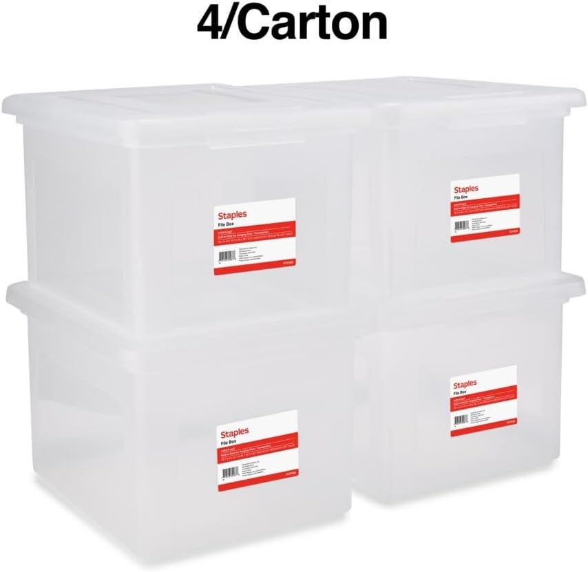 STAPLES Plastic File Box with Snap Lid, Letter/Legal Size, Clear, 4/Carton | Stackable storage box keeps hanging files organized and protected. Pack of 4.