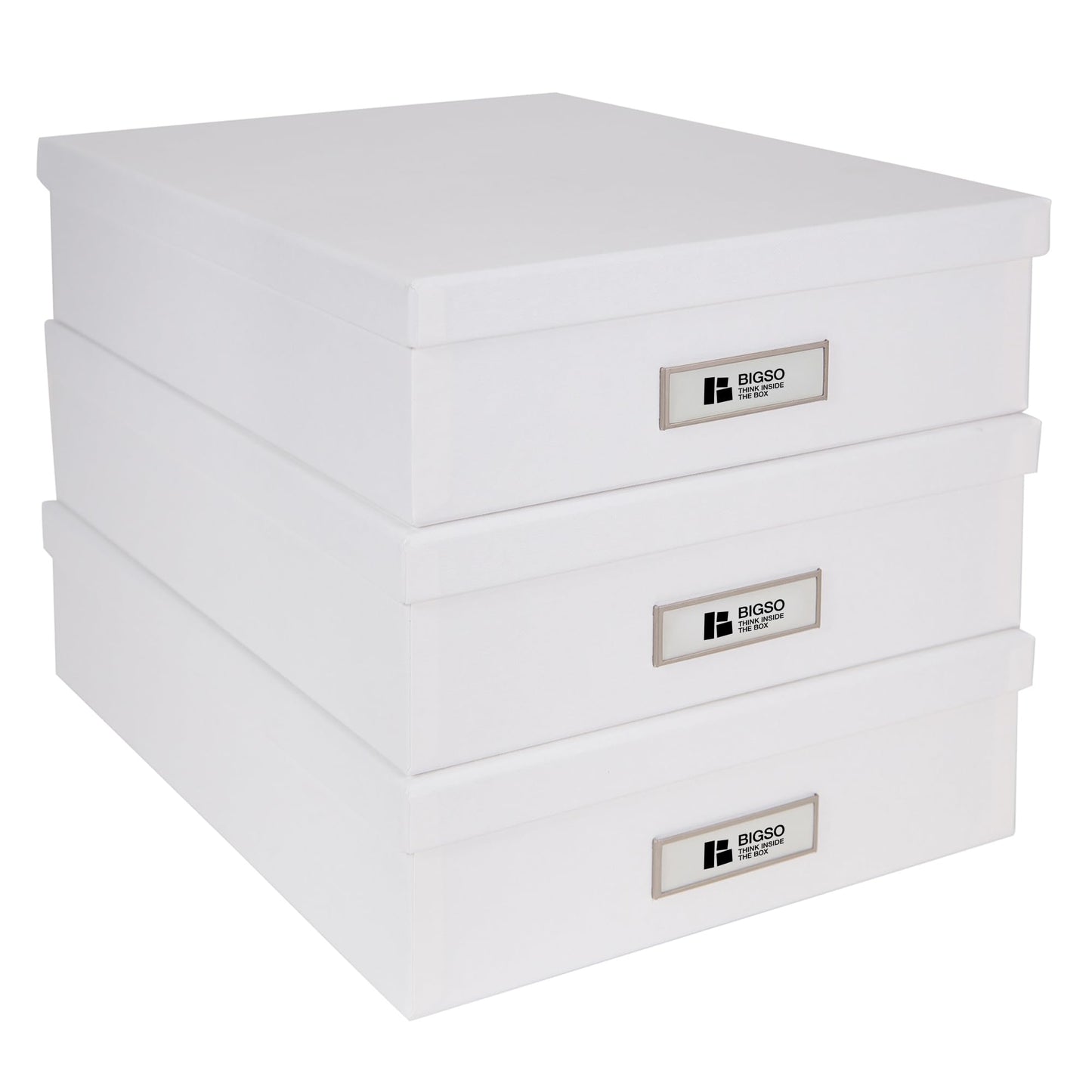 Bigso Oskar Fiberboard Label Frame Document Letter Box - File Organizer Box for Important Paperwork - Durable Document Storage with a Lid & Metal Label Window - 3.3 in x 10.2 in x 13.8 in - White