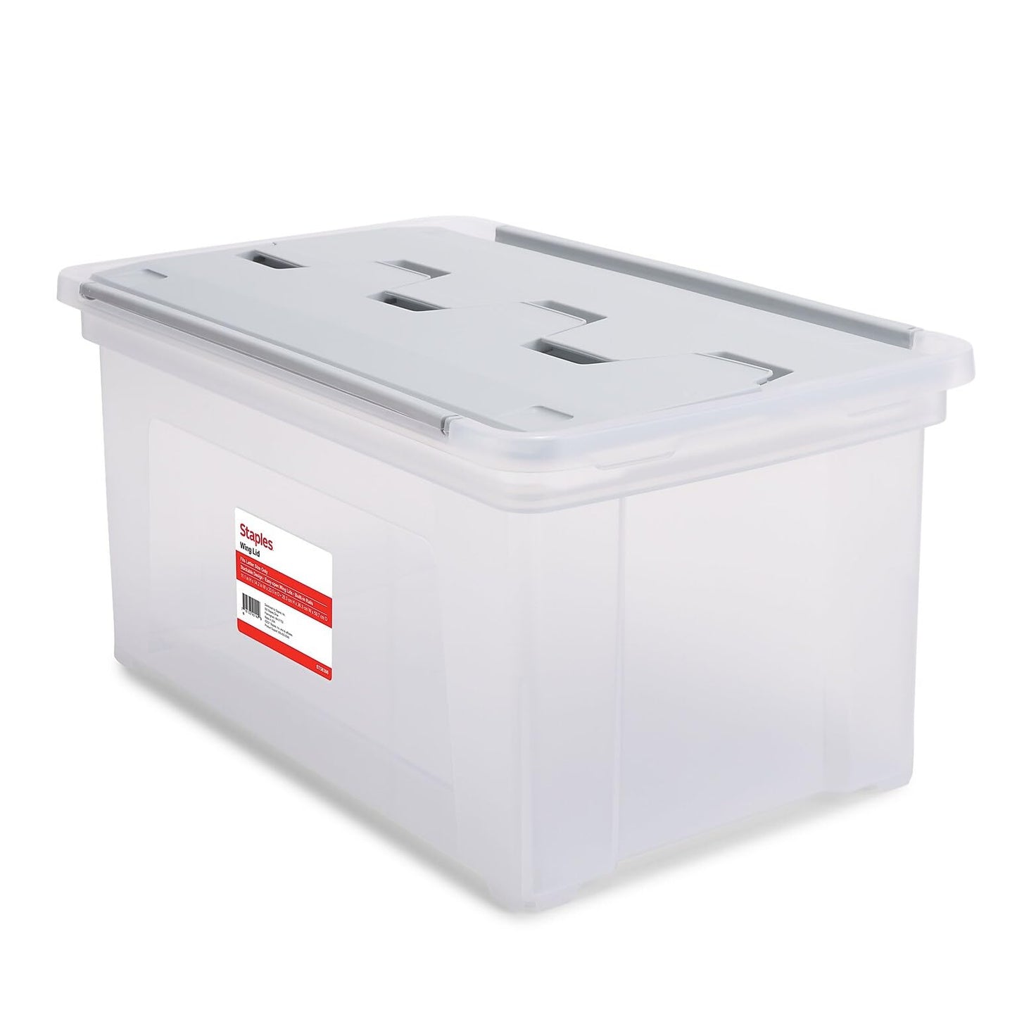 STAPLES Plastic File Box with Snap Lid, Letter/Legal Size, Clear, 4/Carton | Stackable storage box keeps hanging files organized and protected. Pack of 4.