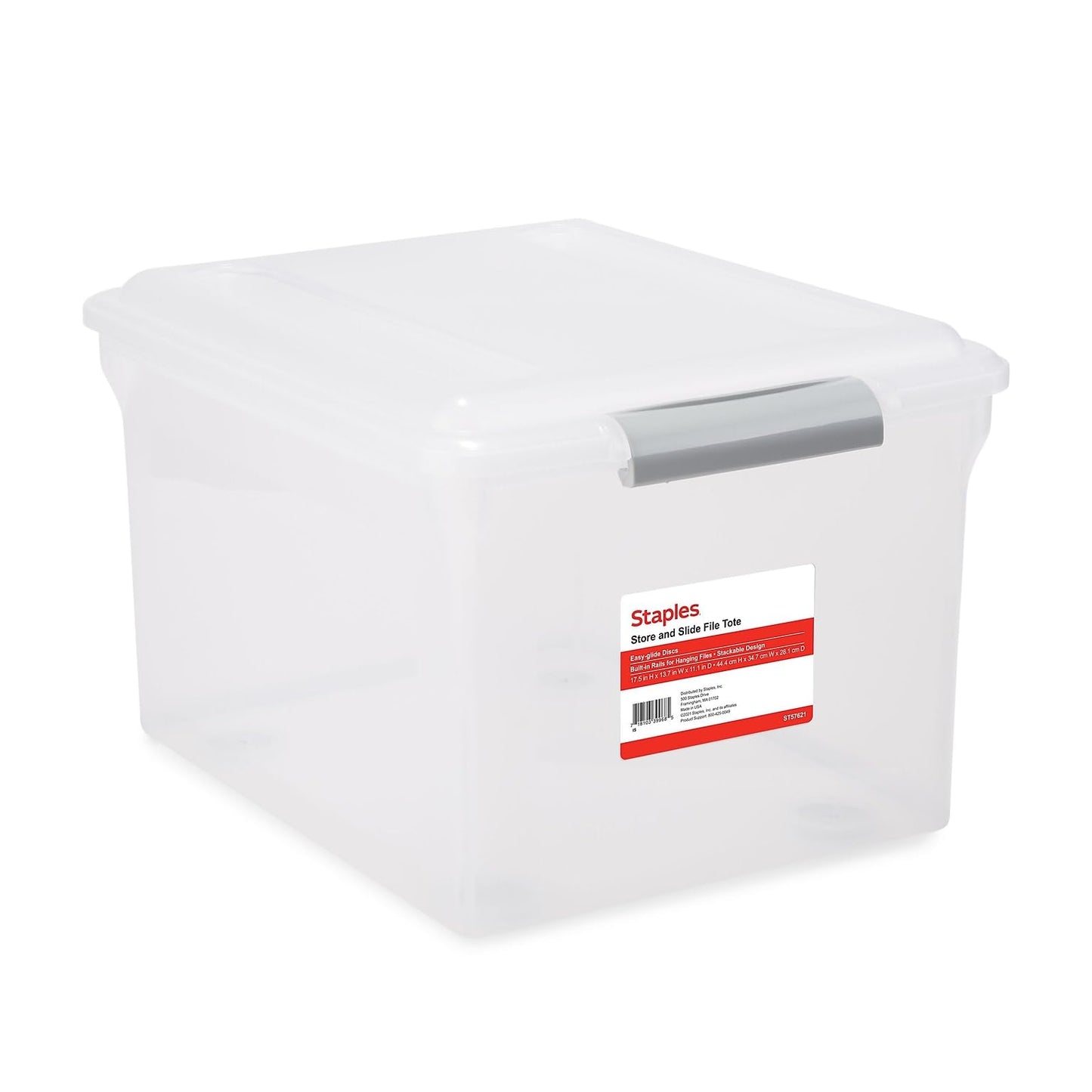 STAPLES Plastic File Box with Snap Lid, Letter/Legal Size, Clear, 4/Carton | Stackable storage box keeps hanging files organized and protected. Pack of 4.