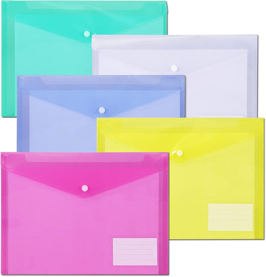 10 Pack Plastic Envelopes for Documents, Clear Folders with Label Pockets, 5 Colors 2 Each, Clear Poly File Folders Letter Size/A4, Hook and Loop Closure,Document Envelopes for School Office Home
