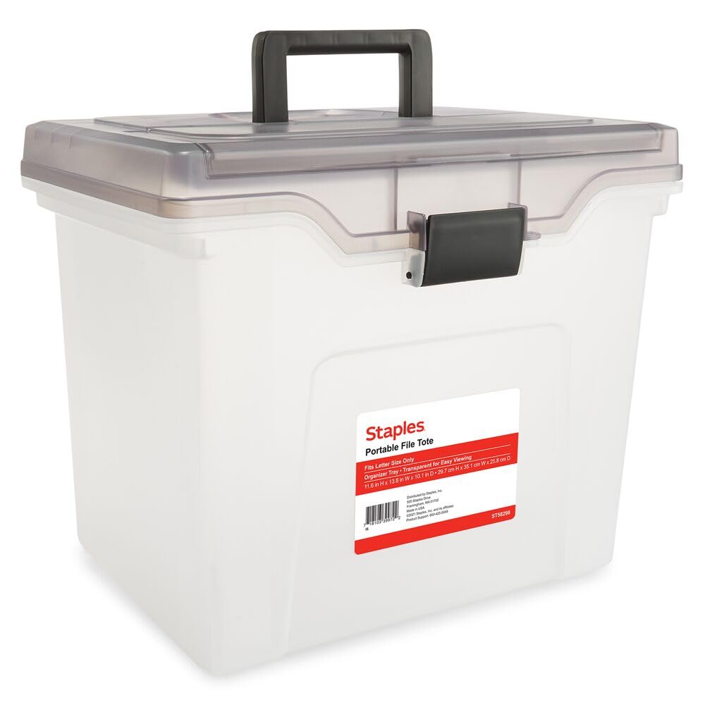 STAPLES Plastic File Box with Snap Lid, Letter/Legal Size, Clear, 4/Carton | Stackable storage box keeps hanging files organized and protected. Pack of 4.