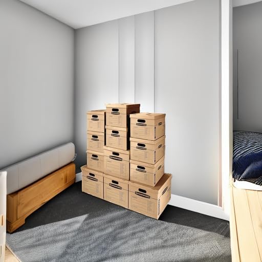 Bankers Box Classic Moving Box 12 Pack Kit, Reinforced Handles, Tape-Free Assembly, Box with Lid, 8 Small and 4 Medium Boxes (7716401) | Take the guesswork out of moving with a mixed box kit built for small, medium, and large household items.