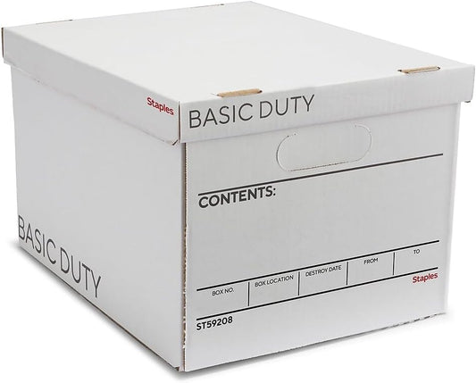 STAPLES Corrugated File Box Lift Off Lid, Letter/Legal Size, White/Black, 10/Pack