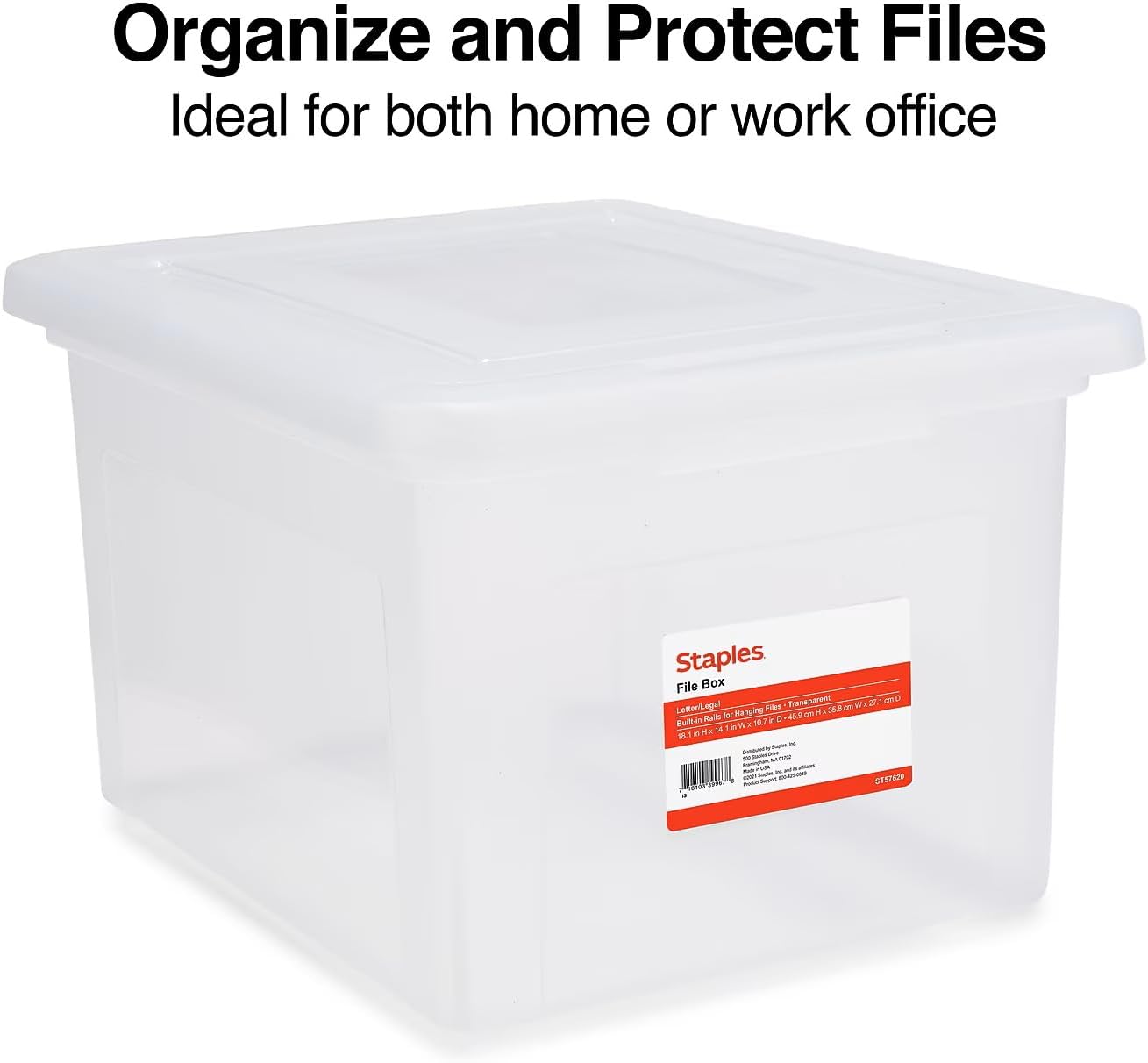 STAPLES Plastic File Box with Snap Lid, Letter/Legal Size, Clear, 4/Carton | Stackable storage box keeps hanging files organized and protected. Pack of 4.
