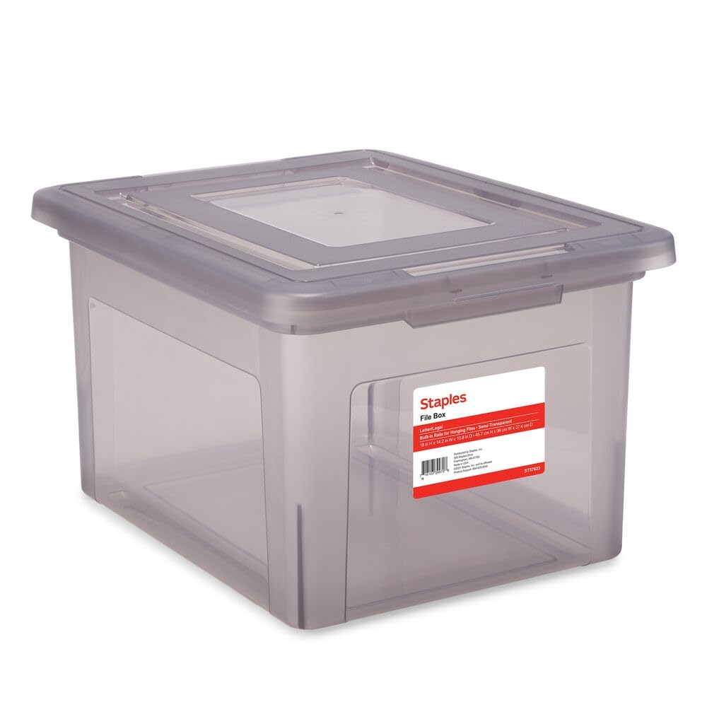 STAPLES Plastic File Box with Snap Lid, Letter/Legal Size, Clear, 4/Carton | Stackable storage box keeps hanging files organized and protected. Pack of 4.