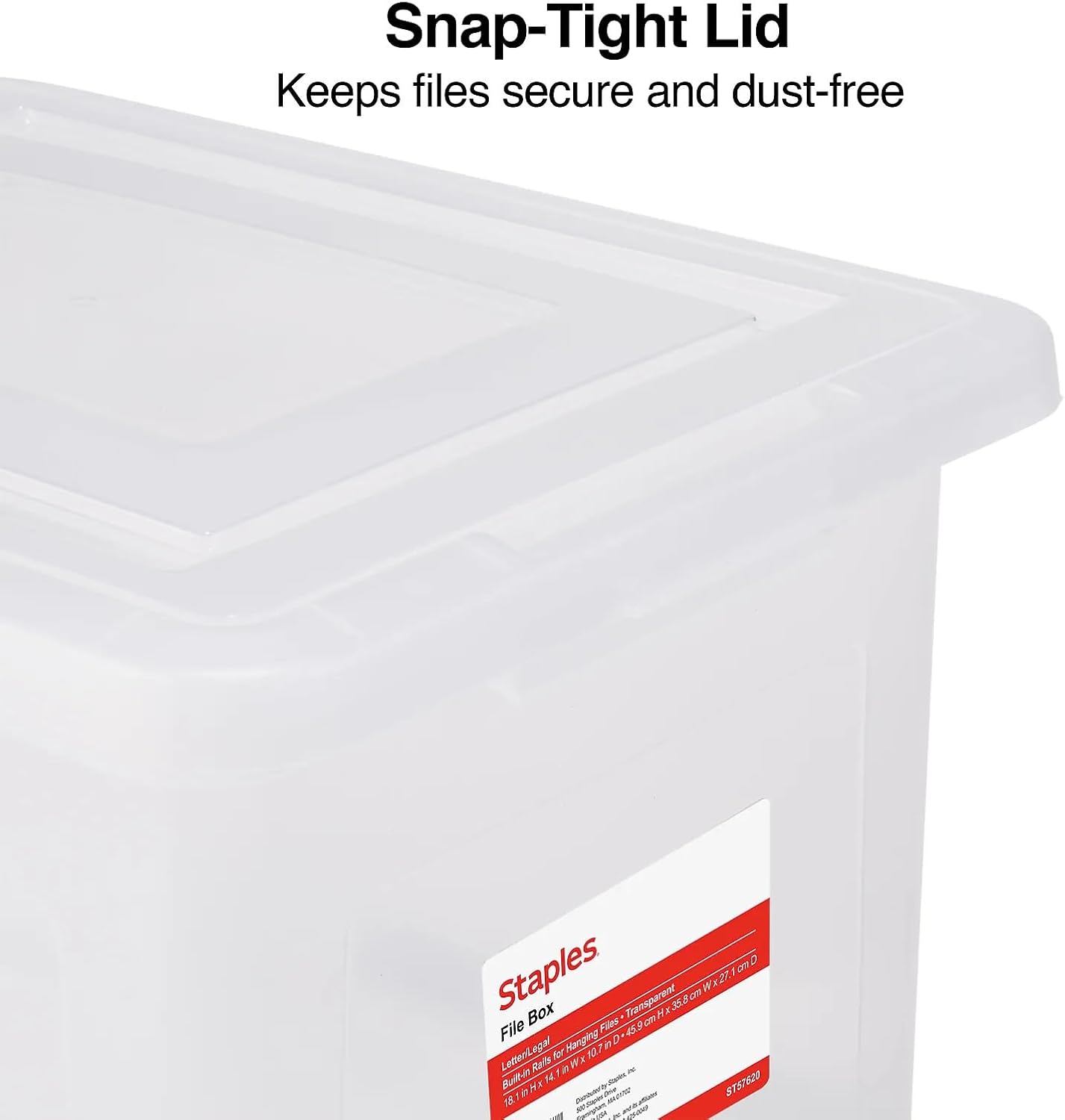 STAPLES Plastic File Box with Snap Lid, Letter/Legal Size, Clear, 4/Carton | Stackable storage box keeps hanging files organized and protected. Pack of 4.