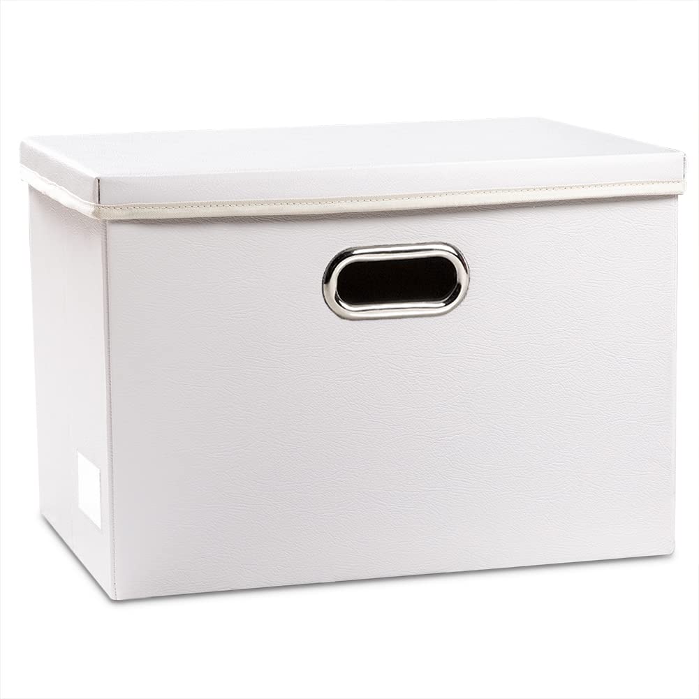 PRANDOM Large Collapsible Storage Bin with Lid [1-Pack] Leather Fabric Foldable Storage Box Organizer Containes Basket Cube with Cover for Home Bedroom Closet Office Nursery Black (17.7x11.8x11.8)
