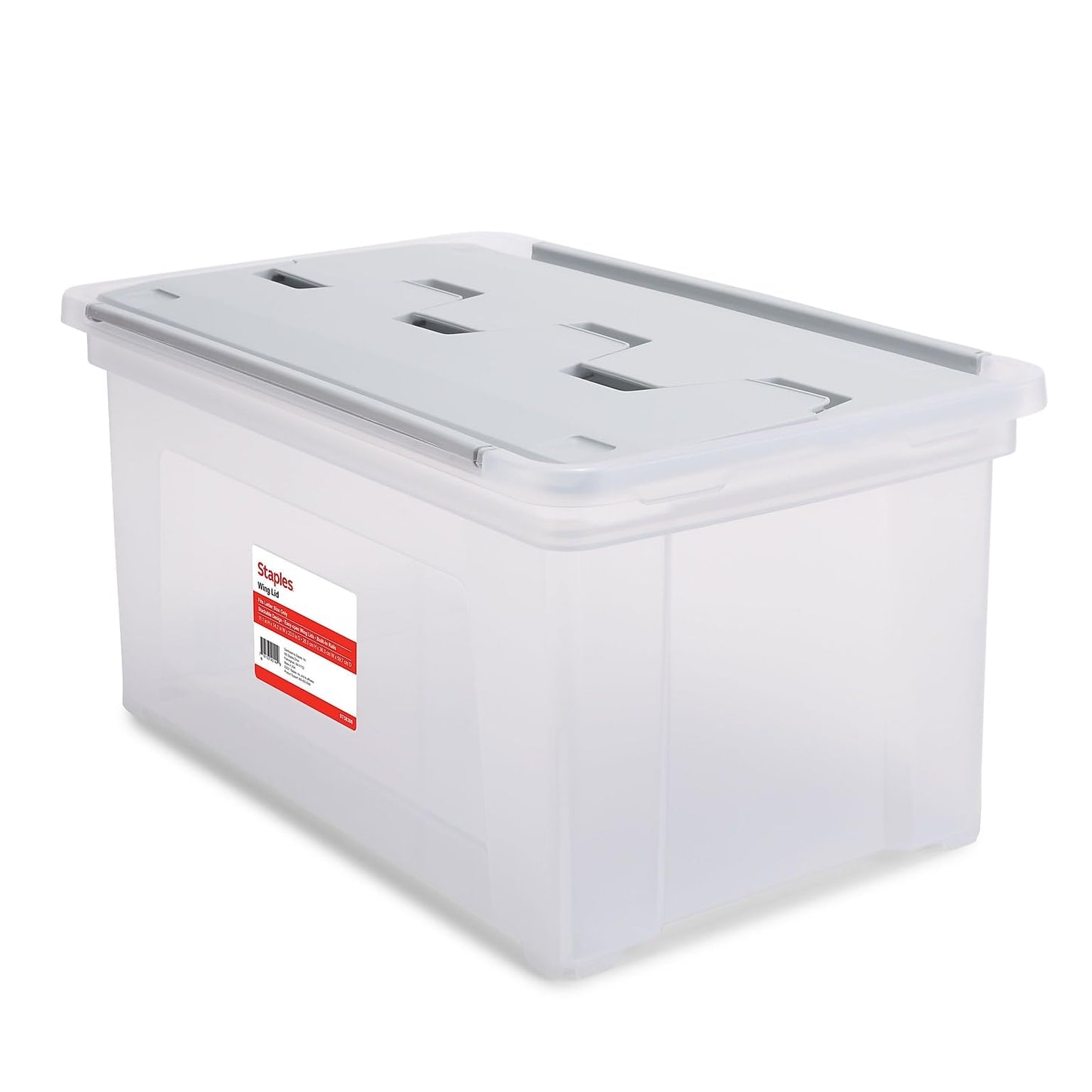 STAPLES Plastic File Box with Snap Lid, Letter/Legal Size, Clear, 4/Carton | Stackable storage box keeps hanging files organized and protected. Pack of 4.