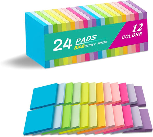 (24 Pads) Sticky Notes 3x3 Inches,Bright Colors Self-Stick Pads | Easy to Post for Home, Office, Notebook