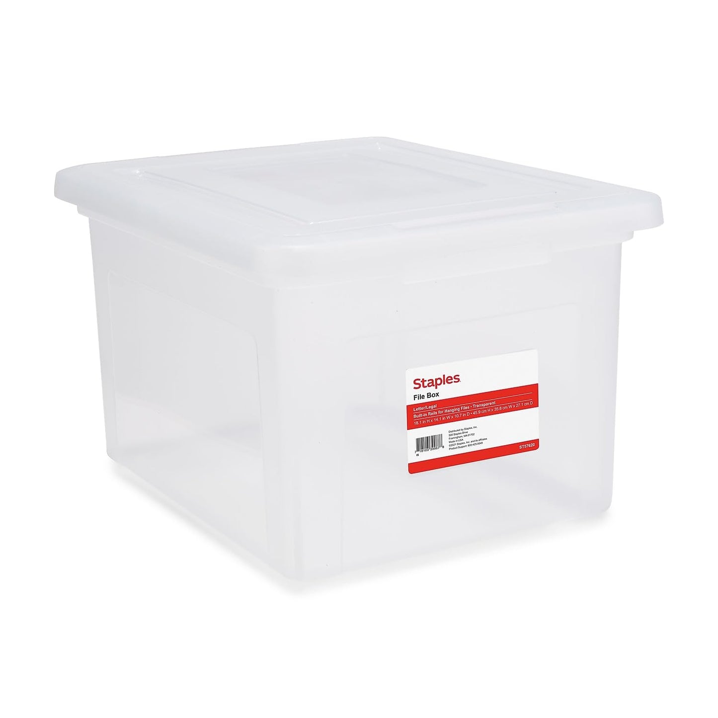 STAPLES Plastic File Box with Snap Lid, Letter/Legal Size, Clear, 4/Carton | Stackable storage box keeps hanging files organized and protected. Pack of 4.
