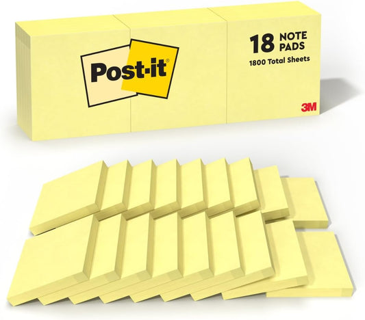 Post-it Notes, 3 x 3 in, The Iconic Canary Yellow Note, 18 Pads | School Supplies and Office Products