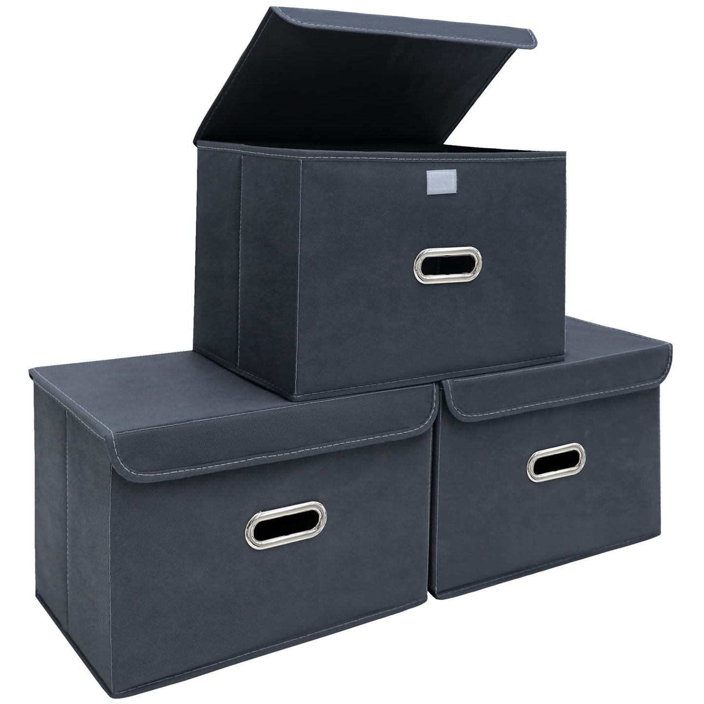 STOREONE Fabric Storage Cube Bins Foldable Organizer Container Collapsible Basket with Lids and Metal Handles, for Home, Bedroom, Closet (Black, 3 Pcs)