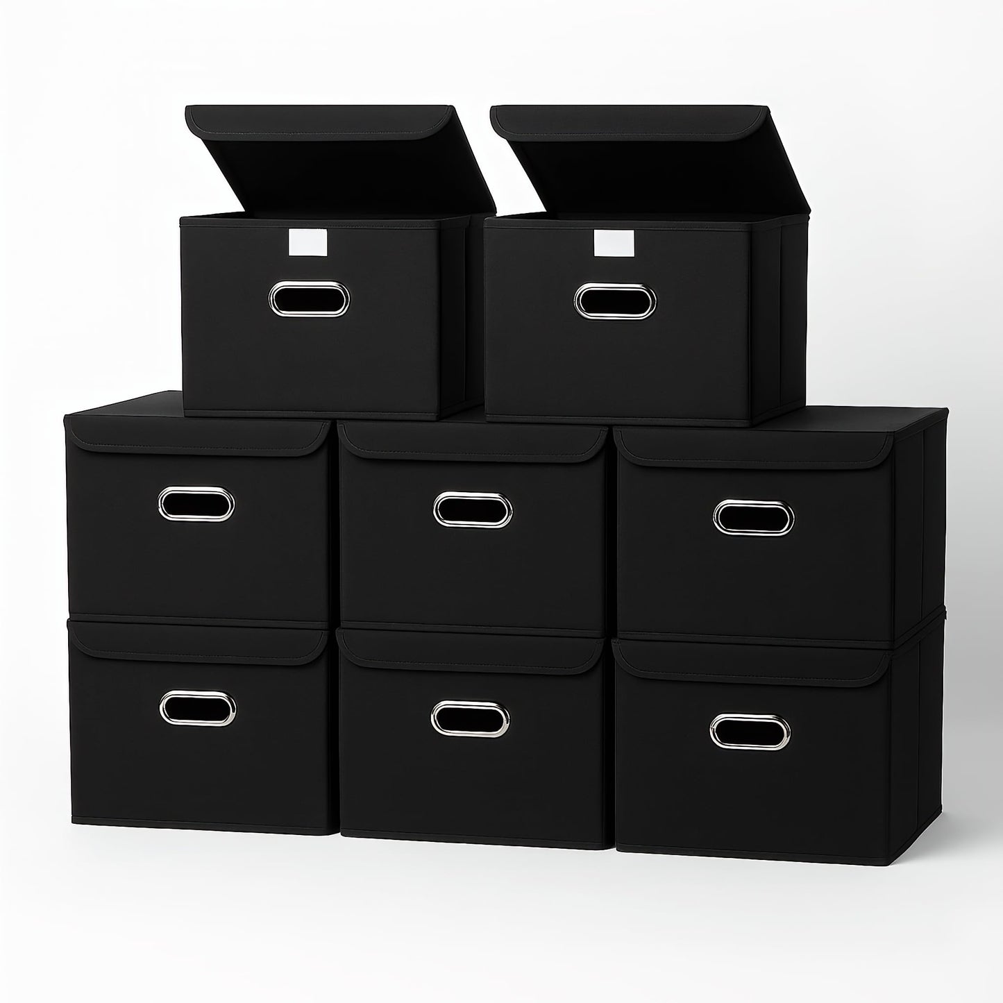 STOREONE Fabric Storage Cube Bins Foldable Organizer Container Collapsible Basket with Lids and Metal Handles, for Home, Bedroom, Closet (Black, 3 Pcs)