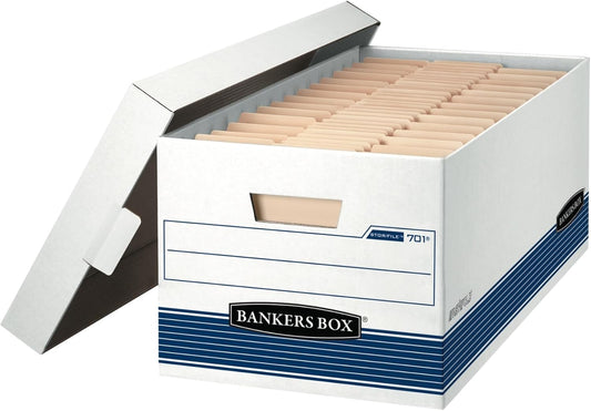 Bankers Box 12-Pack Medium-Duty File Storage Boxes, 24in Letter, FastFold | Speed through filing with FastFold setup, sturdy stacking, reinforced handles, and dependable document protection.
