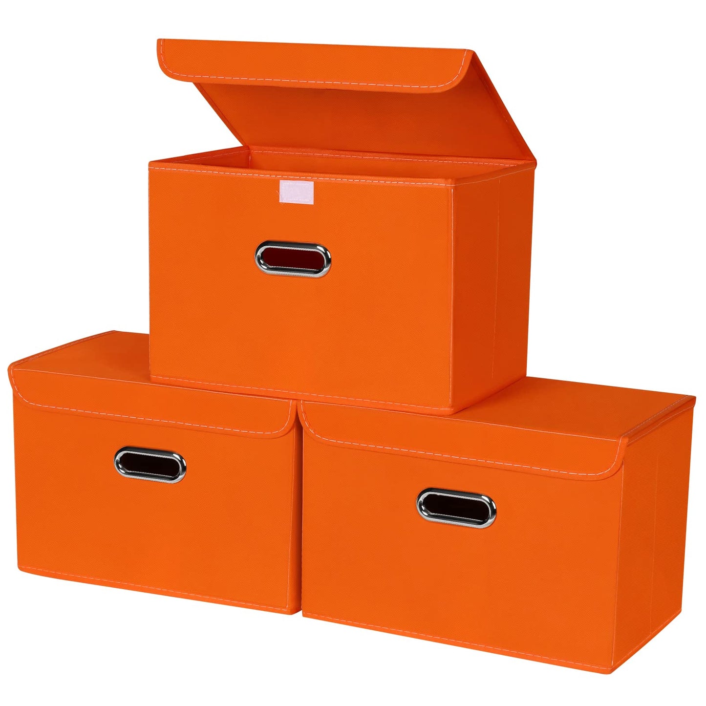 STOREONE Fabric Storage Cube Bins Foldable Organizer Container Collapsible Basket with Lids and Metal Handles, for Home, Bedroom, Closet (Black, 3 Pcs)