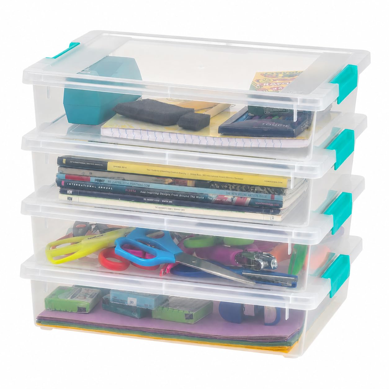 IRIS USA Storage Bins with Lids |Made in USA| 12 Qt - (4-Pack) - Clear | Sensory Craft Organizers, Plastic Clip Box Totes, Flat Containers for Organizing Paper, Office, Art & Study Supplies
