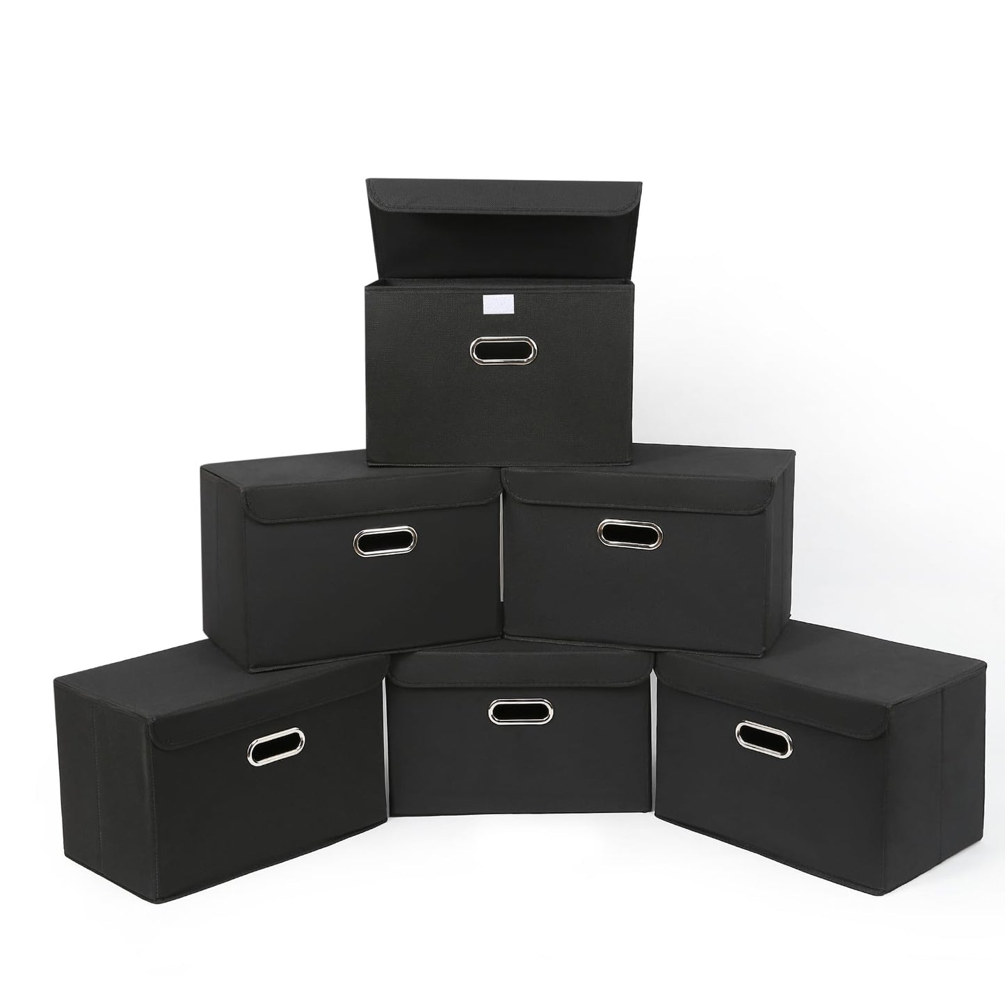 STOREONE Fabric Storage Cube Bins Foldable Organizer Container Collapsible Basket with Lids and Metal Handles, for Home, Bedroom, Closet (Black, 3 Pcs)