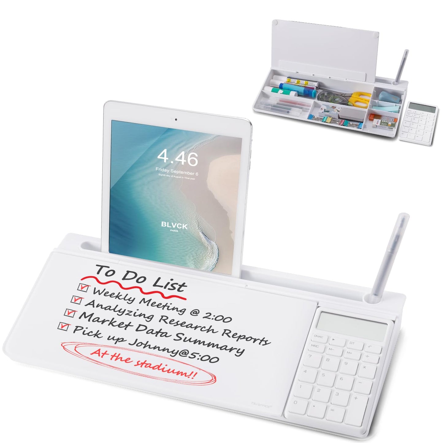 Small Desktop Whiteboard -Glass Dry Erase Board Computer Keyboard Stand White Board Surface Pad with Drawer, Desk Organizers with Accessories for Office, Home, School Supplies - White