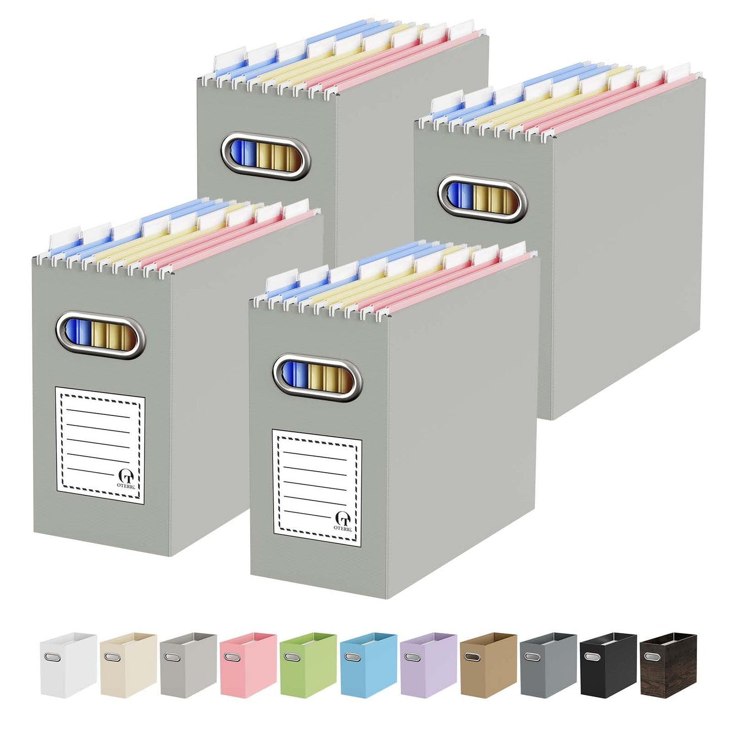 Portable Collapsible Cardboard File Box with Handle for Letter-Size | 4-Pack. Stainless Steel Handle. Label Stickers Included. Fits Letter Folders (Not Included). Home, Office, School, Dorm, Tax.