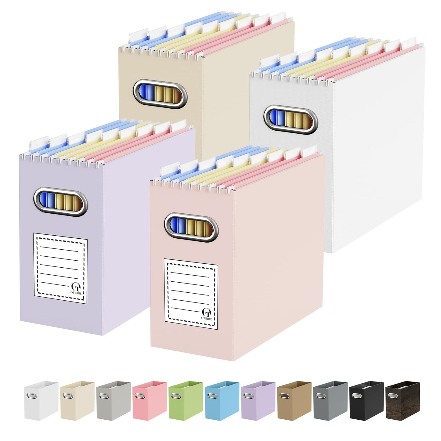 Portable Collapsible Cardboard File Box with Handle for Letter-Size | 4-Pack. Stainless Steel Handle. Label Stickers Included. Fits Letter Folders (Not Included). Home, Office, School, Dorm, Tax.
