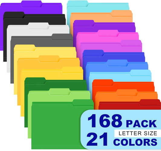 TUXIYA 168 Pack Colored File Folders,21 Colors File Folders Letter Size Manilla Folders 8.5 x 11,1/3 Cut Tab Filing Folders for Office School Business Documents Files Paper