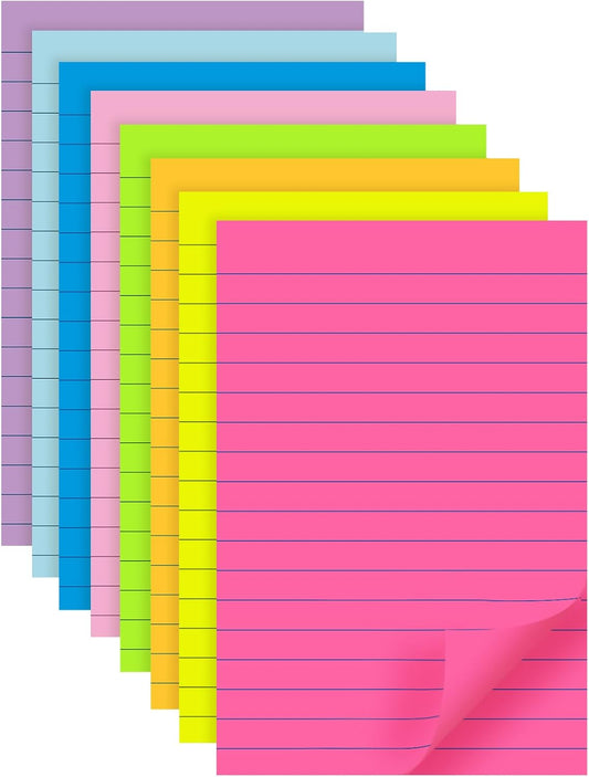 8-Pack Lined Sticky Notes 4x6 in, 8 Bright Colors, Self-Stick Note Pads, Super Sticky, 40 Sheets/Pad, for Office, Home & School