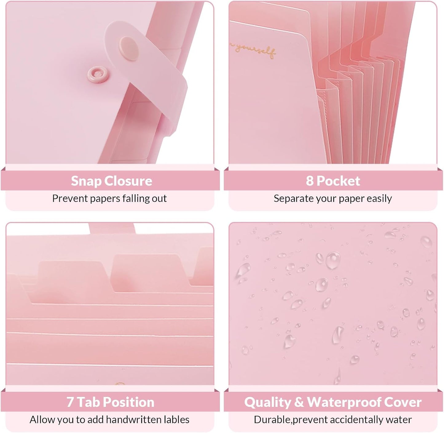 SKYDUE Expanding File Folder, Accordion File Organizer with 8 Pockets, Expandable Document Paper Receipt Holder for School Office Hospital, Letter/A4 Size Pink