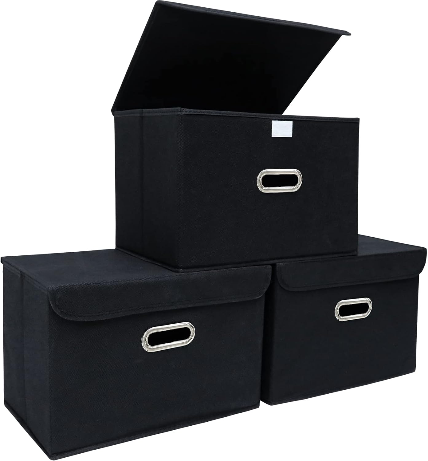 STOREONE Fabric Storage Cube Bins Foldable Organizer Container Collapsible Basket with Lids and Metal Handles, for Home, Bedroom, Closet (Black, 3 Pcs)