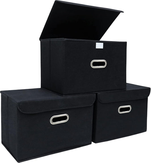 STOREONE Fabric Storage Cube Bins Foldable Organizer Container Collapsible Basket with Lids and Metal Handles, for Home, Bedroom, Closet (Black, 3 Pcs)