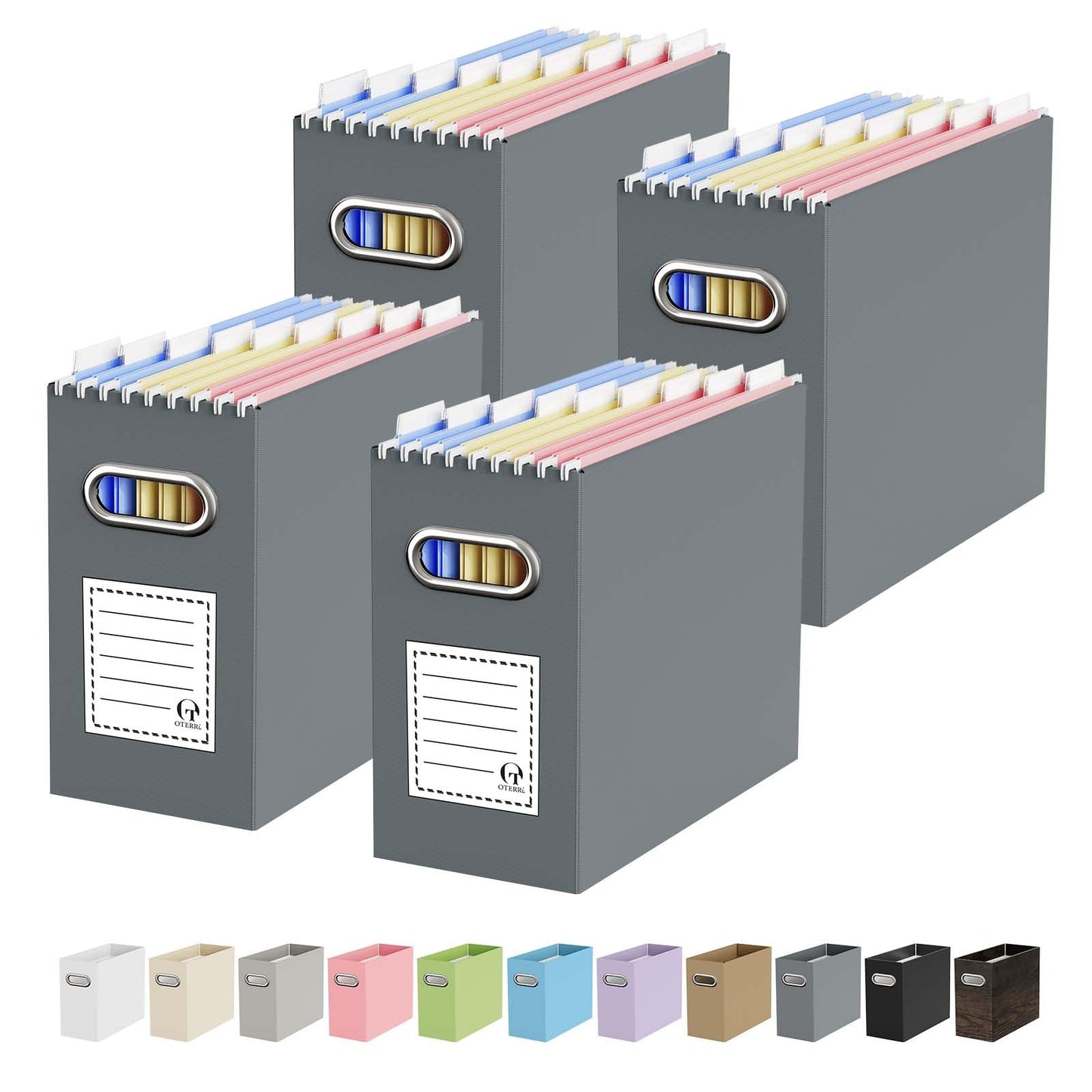Portable Collapsible Cardboard File Box with Handle for Letter-Size | 4-Pack. Stainless Steel Handle. Label Stickers Included. Fits Letter Folders (Not Included). Home, Office, School, Dorm, Tax.