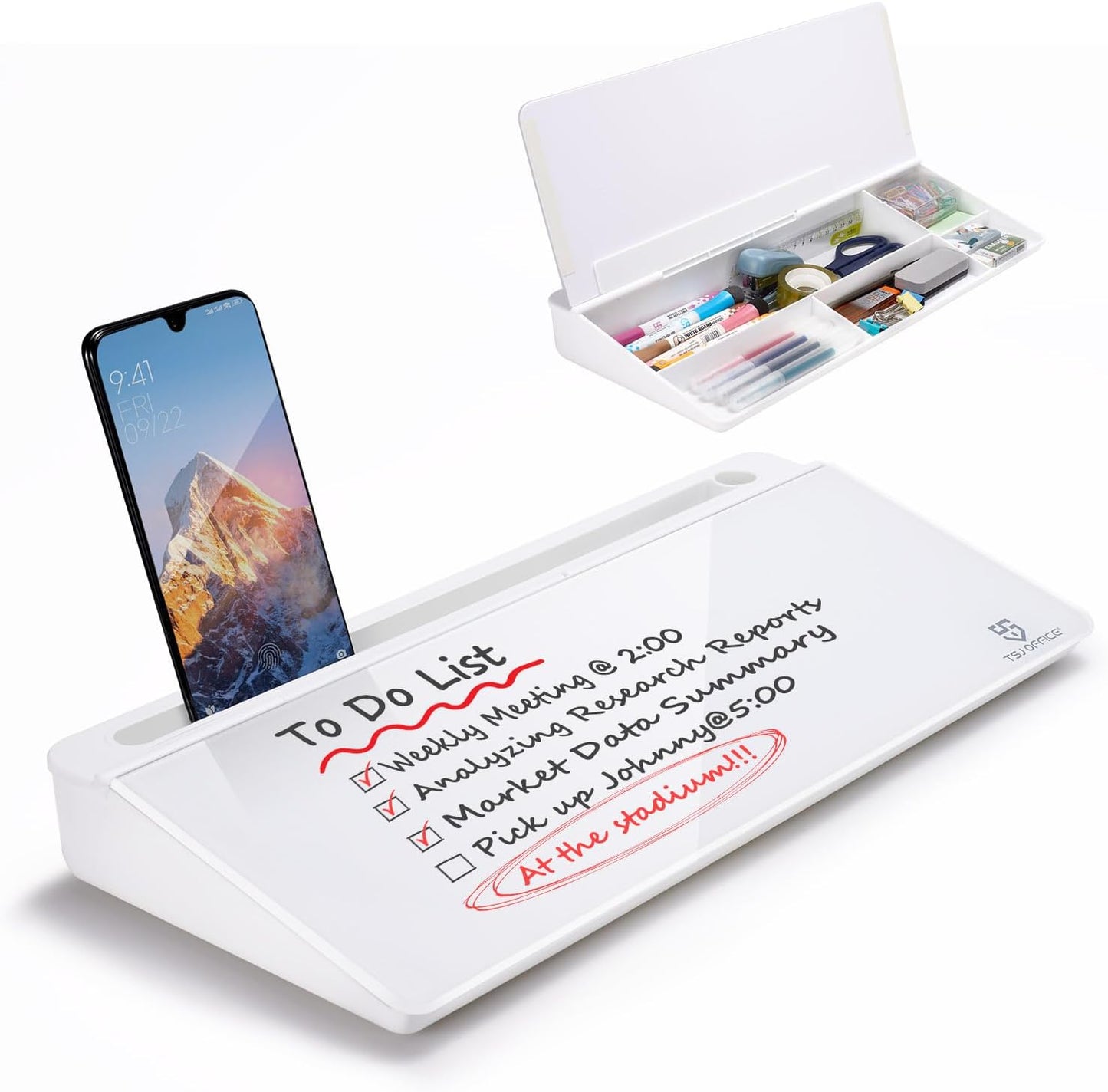 Small Desktop Whiteboard -Glass Dry Erase Board Computer Keyboard Stand White Board Surface Pad with Drawer, Desk Organizers with Accessories for Office, Home, School Supplies - White