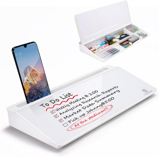 Small Desktop Whiteboard -Glass Dry Erase Board Computer Keyboard Stand White Board Surface Pad with Drawer, Desk Organizers with Accessories for Office, Home, School Supplies - White
