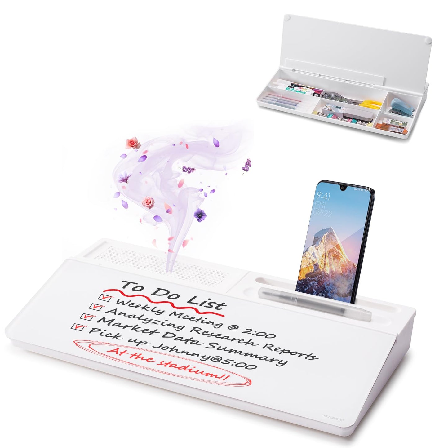 Small Desktop Whiteboard -Glass Dry Erase Board Computer Keyboard Stand White Board Surface Pad with Drawer, Desk Organizers with Accessories for Office, Home, School Supplies - White
