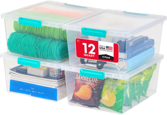 IRIS USA Storage Bins with Lids |Made in USA| 12 Qt - (4-Pack) - Clear | Sensory Craft Organizers, Plastic Clip Box Totes, Flat Containers for Organizing Paper, Office, Art & Study Supplies