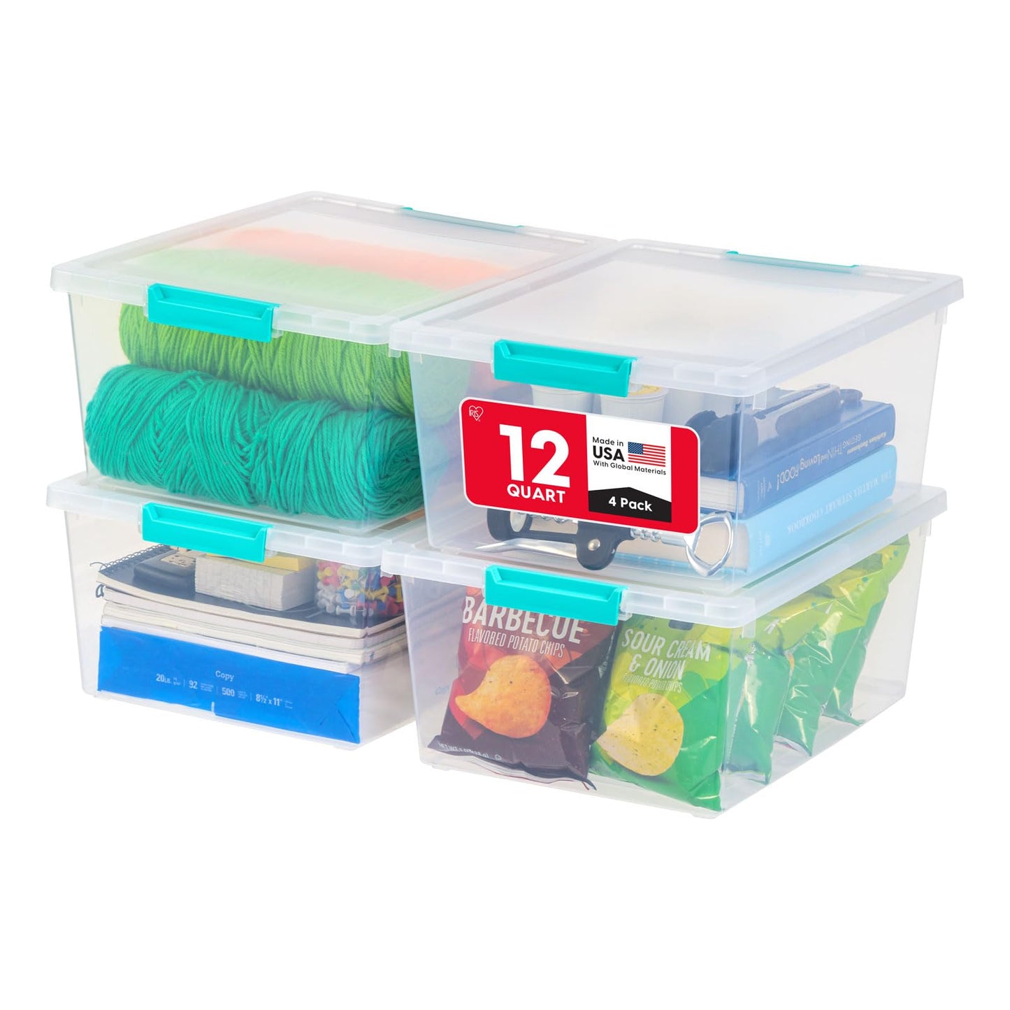 IRIS USA Storage Bins with Lids |Made in USA| 12 Qt - (4-Pack) - Clear | Sensory Craft Organizers, Plastic Clip Box Totes, Flat Containers for Organizing Paper, Office, Art & Study Supplies