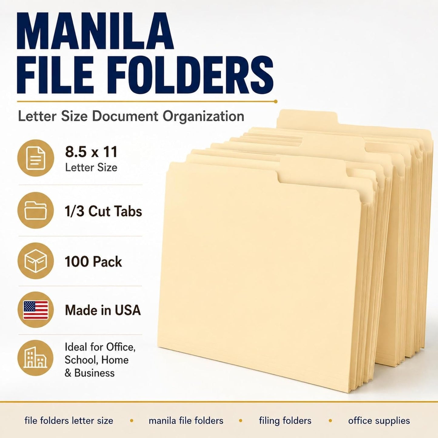 Woodlake Manilla Folders 8.5 x 11 File Folders Letter Size Manila Folder with 1/3 Cut Tab, 100 Pack Paper Folders for Office, School, Home & Business Document Organization, Made in USA