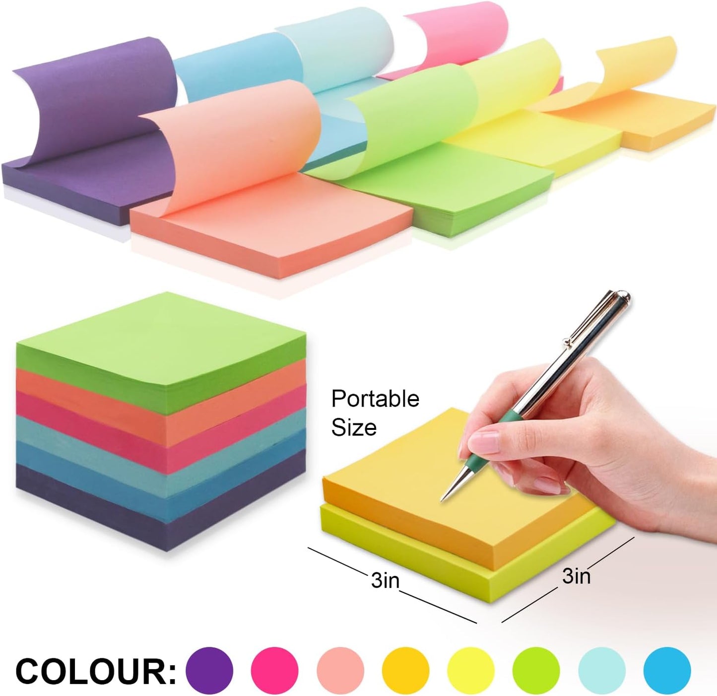 REALZEVA Sticky Notes 3x3, Bulk Self-Stick Note Pads, 8 Pack_100 Sheet/Pad | Bright Colors Sticky Note Pads, Clean Removal, Easy to Post for Blank Desk Note Pads for School, Classroom & Office Supplies