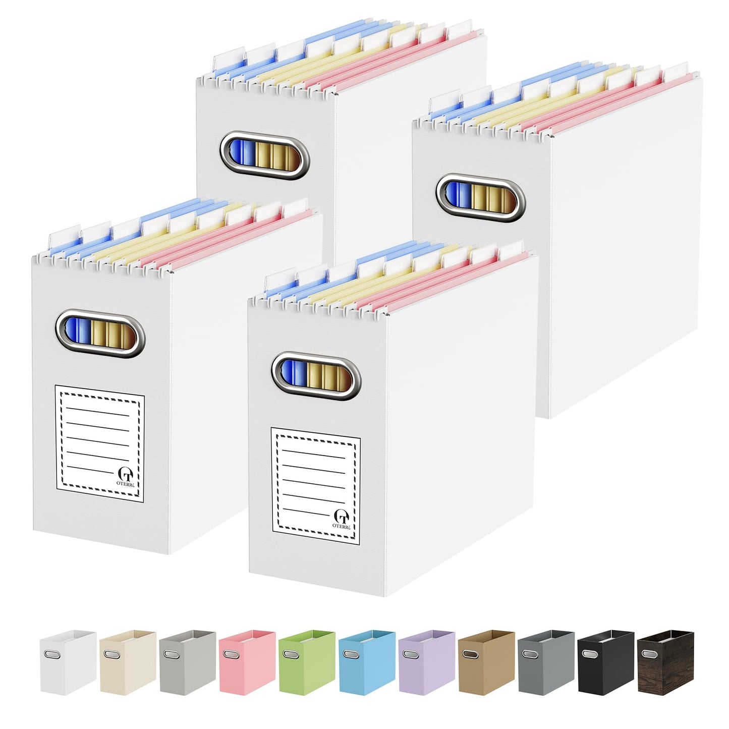 Portable Collapsible Cardboard File Box with Handle for Letter-Size | 4-Pack. Stainless Steel Handle. Label Stickers Included. Fits Letter Folders (Not Included). Home, Office, School, Dorm, Tax.
