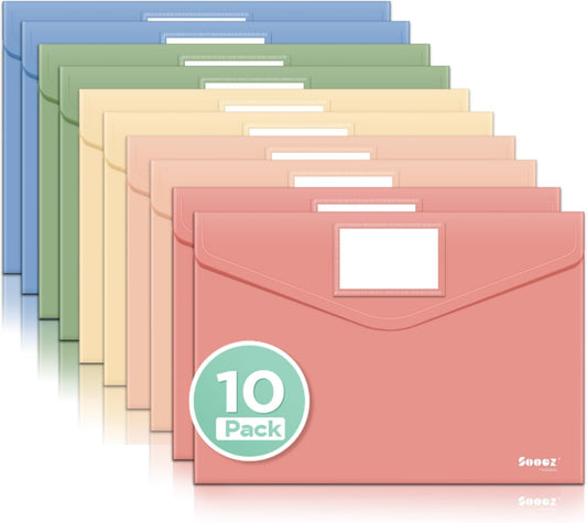 Sooez 10Pack Plastic Envelopes, Plastic File Folder, Folders for Documents | Retro Colors, Super Heavyweight Document Holder, Storage Pouches, File Envelopes for School Office Supplies