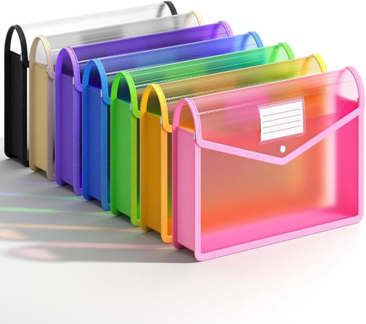 Plastic Expanding File Folder, Transparent Envelopes with Snap Closure | No Dividers, Large Capacity, Assorted Colors, Fits Legal / B4 Size for School, Office, Home, Hospital, 7 Colors